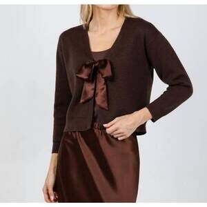 NEW J. SOCIETY satin bow cardigan in chocolate